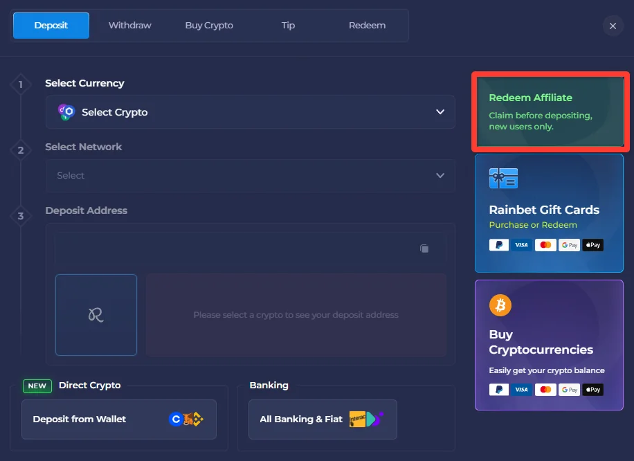 Rainbet Deposit window with the Redeem Affiliate panel highlighted in the top-right, next to Rainbet Gift Cards and Buy Cryptocurrencies