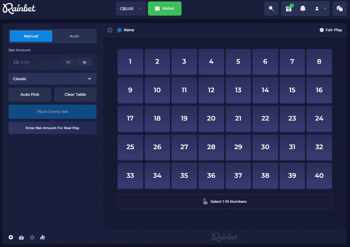 Rainbet Keno grid numbered 1 to 40 with Auto Pick and Clear Table options and a prompt to select 1 to 10 numbers, balance in CA$