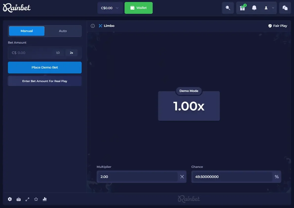 Rainbet Limbo showing a 1.00x reveal in Demo Mode with a 2.00 target multiplier and a 49.5% chance field, balance in CA$